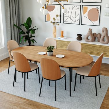 Tule 7-Piece Dining Set in Steel Frame with 71" Oval Dining Table In Natural Brown
