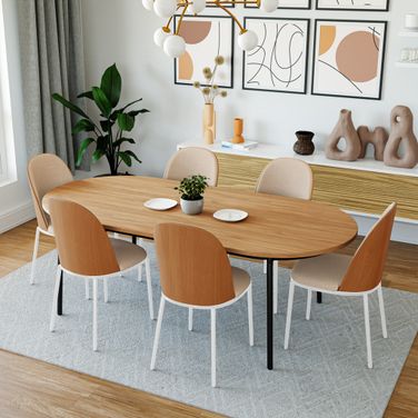 Tule 7-Piece Dining Set in White Steel Frame with 71" Oval Dining Table In Natural Brown