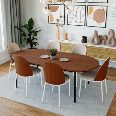 Tule 7-Piece Dining Set in White Steel Frame with 71" Oval Dining Table In Walnut and Beige