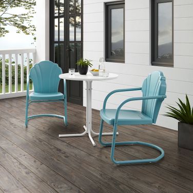 Tulip 3 Piece Retro Outdoor Bistro Set In Pastel Blue Satin and White Satin