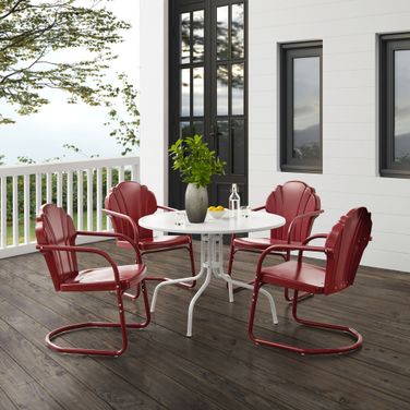 Tulip 5 Piece Retro Outdoor Dining Set In Dark Red Satin and White Satin