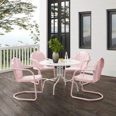 Tulip 5 Piece Retro Outdoor Dining Set In Pastel Pink Gloss and White Satin