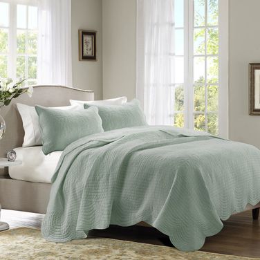 Tuscany Polyester Microfiber Solid Brushed 3 Piece Queen Coverlet Set In Seafoam