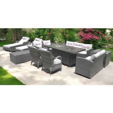 Twelve Piece Outdoor Wicker Multiple Chairs Seating Group Fire Pit Included with White Cushions In Gray
