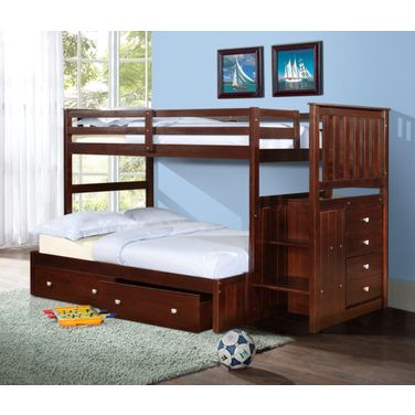 Twin-Full Mission Stairway Bunk Bed With Ext Kit With Dual Underbed Drawers Cappuccino Finish