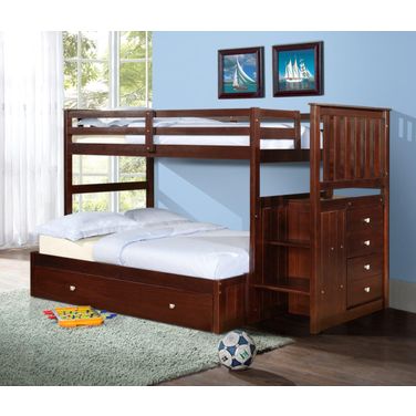 Twin-Full Mission Stairway Bunk Bed With Ext Kit And Trundle Bed In Cappuccino Finish