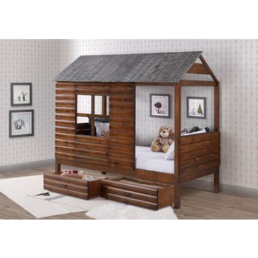 Twin Log Cabin Low Loft In Rustic Walnut-Rustic Silver W-Dual Underbed Drawers