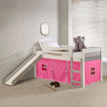 Twin Panel Low Loft Bed With Slide In Two-Tone Grey-White Finish &amp; Pink Tent Kit