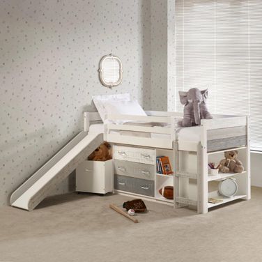 Twin Panel Low Loft Set With Slide &amp; Case Pieces In Two-Tone Grey-White Finish