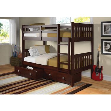 Twin-Twin Mission Bunk Bed W-Dual Under Bed Drawers In Cappuccino