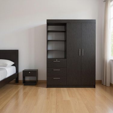 Modern 2-Piece Armoire and Nightstand Storage Set In Black