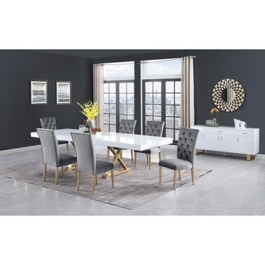 Tyrion Rectangle Extendable Modern White Wood Dining Room Set In Brushed Gold