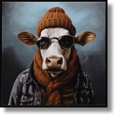 Untamed Hipster Cool Cow Portrait Canvas Wall Art In Multi