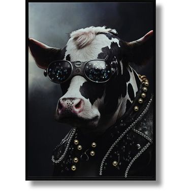 Untamed Rockstar Cow with Crystal Shades Canvas Wall Art In Black and White