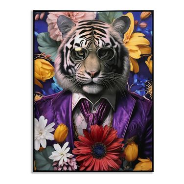 Untamed Tiger in a Suit and Floral Surround Canvas Wall Art In Purple