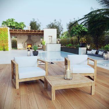 Upland 3 Piece Outdoor Patio Teak Set In Natural White EEI-3114-NAT-WHI-SET