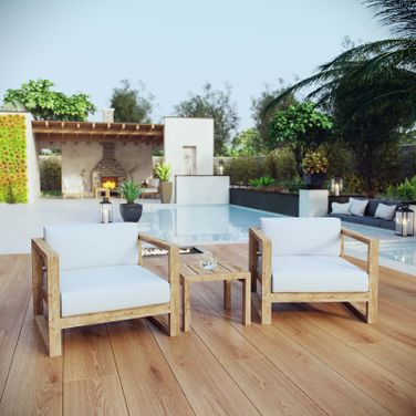 Upland 3 Piece Outdoor Patio Teak Set In Natural White EEI-3119-NAT-WHI-SET