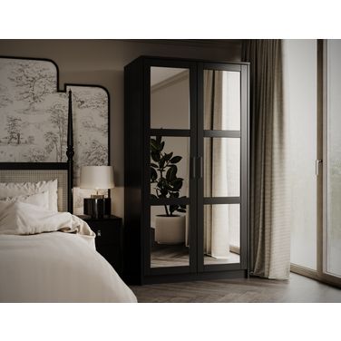 Urban 2-Door Wardrobe Armoire with Mirrored Doors In Black