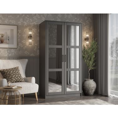 Urban 2-Door Wardrobe Armoire with Mirrored Doors In Gray