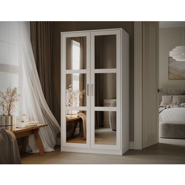Urban 2-Door Wardrobe Armoire with Mirrored Doors In White