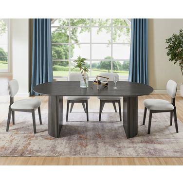 Valencia 5-Piece 80 Inch Oval Dining Set with Dual Pedestal Base and Light Gray Fabric Upholstered Chairs