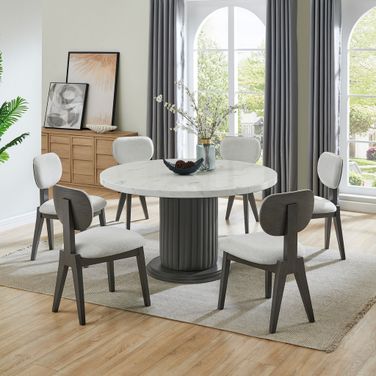 Valencia 7-Piece 54 Inch Round Faux Marble Dining Set In White and Gray