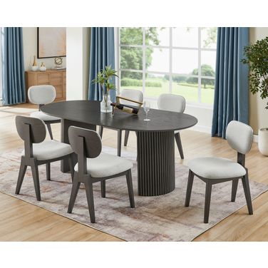 Valencia 7-Piece 80 Inch Oval Dining Set with Dual Pedestal Base and Light Gray Fabric Upholstered Chairs