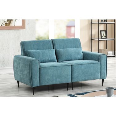 Valentina 62 Inch Chenille Loveseat with Metal Legs and Throw Pillows In Blue