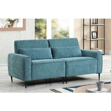 Valentina 74 Inch Chenille Sofa with Metal Legs and Throw Pillows In Blue