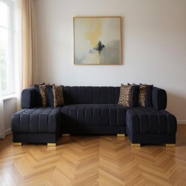 Velvet U Shaped Three Piece Sofa and Chaise Sectional with Toss Pillows In Black