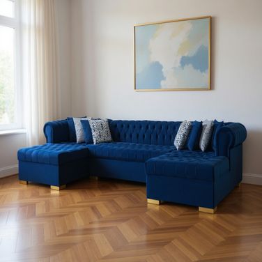 Velvet U Shaped Three Piece Sofa and Chaise Sectional with Toss Pillows In Blue