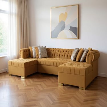 Velvet U Shaped Three Piece Sofa and Chaise Sectional with Toss Pillows In Mustard