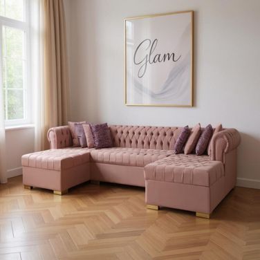 Velvet U Shaped Three Piece Sofa and Chaise Sectional with Toss Pillows In Pink