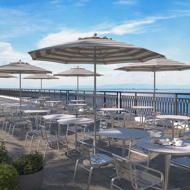 Venture 9' Patio Umbrella with Aluminum Pole Fiberglass Ribs Pully Lift with Olefin Cabana Stripe Fabric In Gray White and Matte White