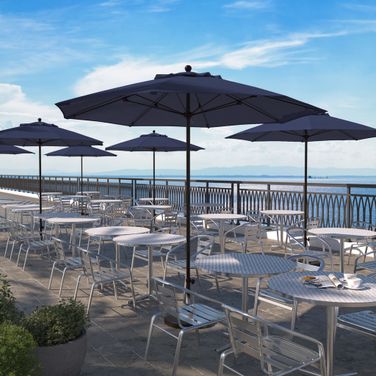 Venture 9' Patio Umbrella with Aluminum Pole Fiberglass Ribs Push Lift with Olefin Fabric In Navy Blue and Bronze