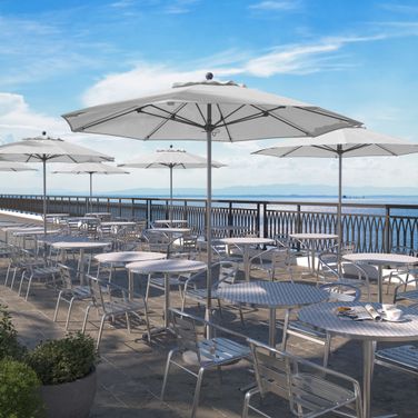 Venture 9' Patio Umbrella with Aluminum Pole Fiberglass Ribs Push Lift with Olefin Fabric In White and Silver Anodized