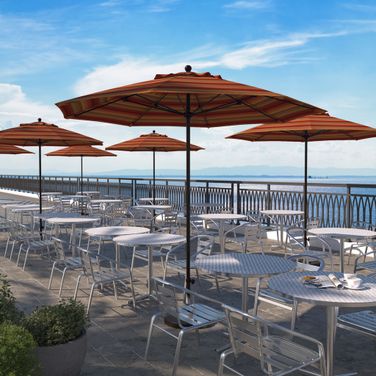 Venture 9' Patio Umbrella with Aluminum Pole Fiberglass Ribs Push Lift with Sunbrella Fabric In Astoria Sunset and Bronze