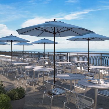 Venture 9' Patio Umbrella with Aluminum Pole Fiberglass Ribs Push Lift with Sunbrella Fabric In Canvas Cyan and Bronze