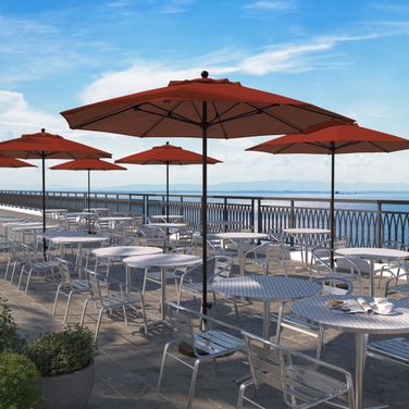 Venture 9' Patio Umbrella with Aluminum Pole Fiberglass Ribs Push Lift with Sunbrella Fabric In Henna and Bronze
