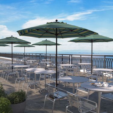 Venture 9' Patio Umbrella with Aluminum Pole Fiberglass Ribs Push Lift with Sunbrella Fabric In Seville Seaside and Bronze