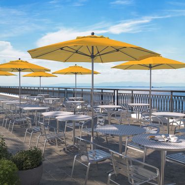 Venture 9' Patio Umbrella with Aluminum Pole Fiberglass Ribs Push Lift with Sunbrella Fabric In Sunflower Yellow and Silver Anodized