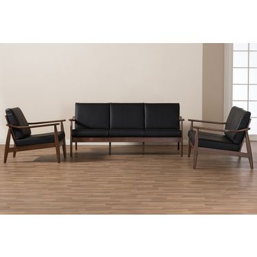 Venza Mid-Century Modern Walnut Wood Black Faux Leather 3-Piece Living Room Set