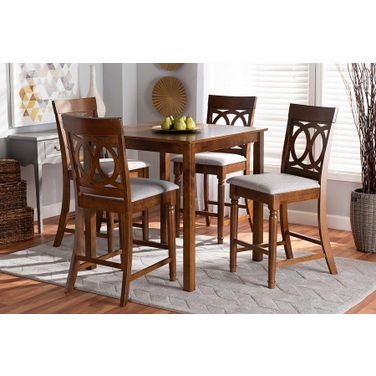 Verina Modern and Contemporary Grey Fabric Upholstered Walnut Brown Finished 5-Piece Wood Pub Set