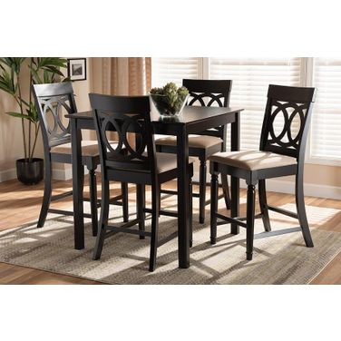 Verina Modern And Contemporary Sand Fabric Upholstered Espresso Brown Finished 5-Piece Wood Pub Set