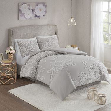 Veronica Cotton Tufted 3 Piece Full Comforter Set In Grey And White