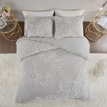 Veronica Cotton Tufted 3 Piece King Duvet Cover Set In Grey And White