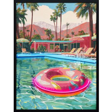 Vibrant Poolside Escape - 33" x 25" - Hand-Embellished LED Canvas In Green and Pink
