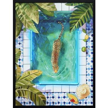 Vibrant Poolside Prowl - 33" x 25" - Hand-Embellished LED Canvas In Blue/Green/Yellow