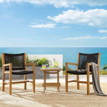 Vienna 3-Piece Outdoor Patio Teak and Rope Armchairs With Folding Side Table In Natural Black