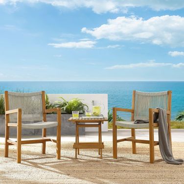 Vienna 3-Piece Outdoor Patio Teak and Rope Armchairs With Folding Side Table In Natural